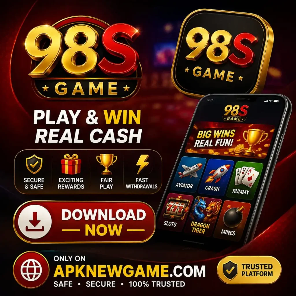 98S Game download banner featuring the 98S Game logo, mobile gaming interface, and APKNEWGAME.COM website branding.