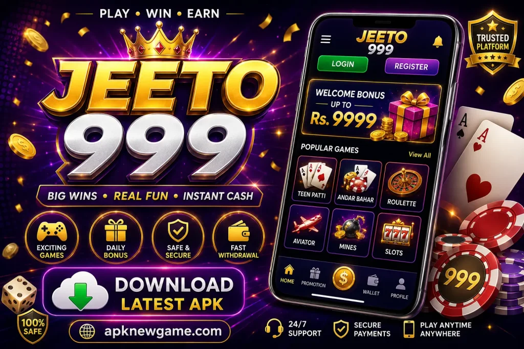 JEETO 999 game APK download banner featuring the JEETO 999 logo, mobile game interface, and apknewgame.com