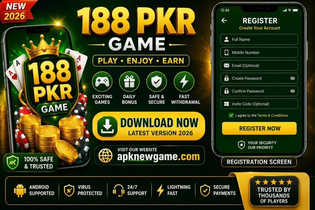 188 PKR game registration screen on mobile showing account signup options