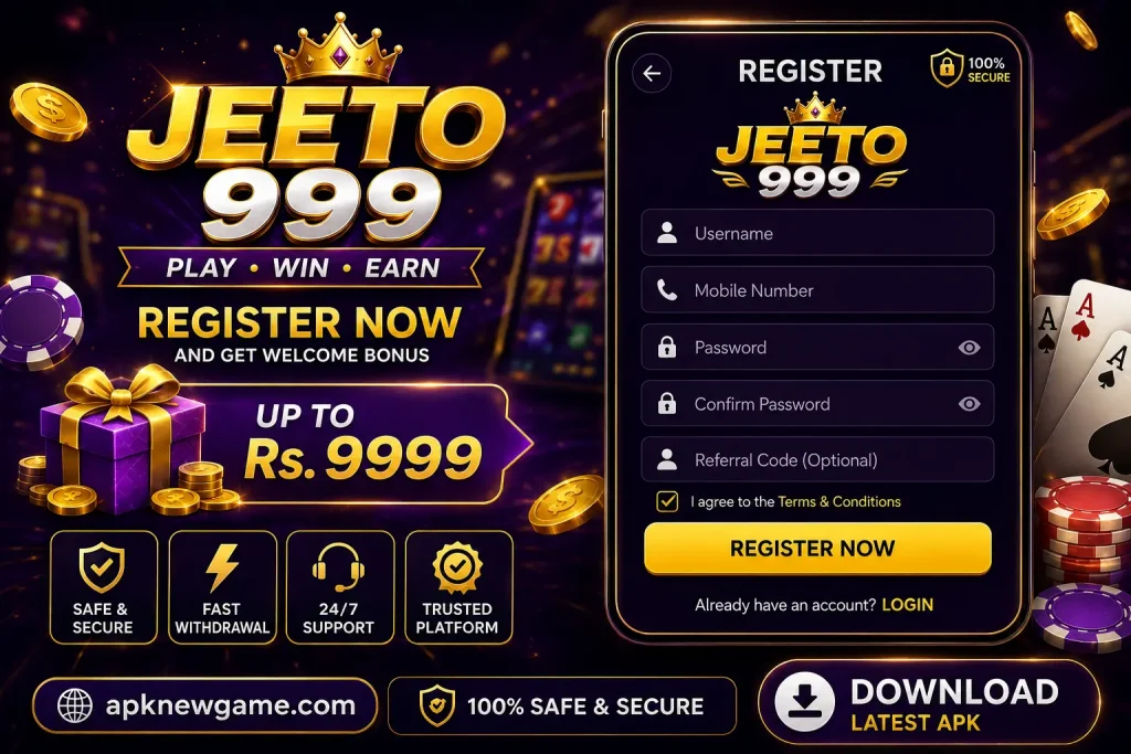 JEETO 999 game registration banner showing the registration form, JEETO 999 logo, and apknewgame.com branding.