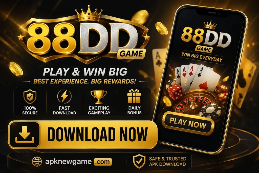 88DD Game APK download banner with premium gold gaming design and apknewgame.com branding