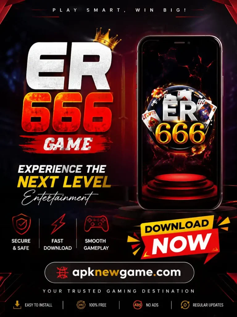 ER 666 Game download poster featuring a metallic ER 666 logo, smartphone mockup, red and gold gaming graphics, download button, and apknewgame.com branding.