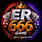 ER 666 Game profile logo with a gold crown, metallic silver ER lettering, glowing golden 666 numbers, playing cards and poker chips, with apknewgame.com branding.