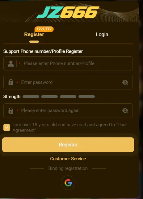 JZ666 Game registration page for new user account signup