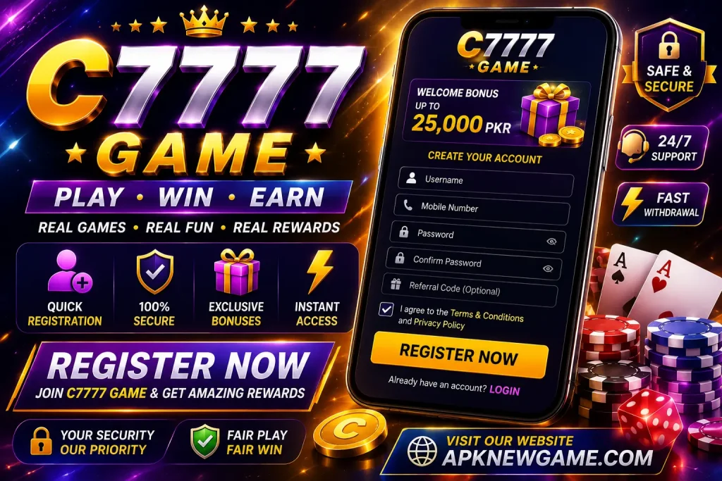 C7777 game registration page with account signup form and APKNEWGAME.COM branding