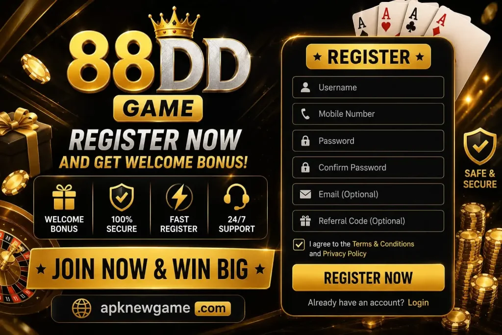 88DD Game registration banner with register now form and apknewgame.com branding
