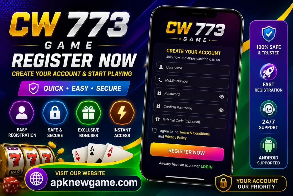 CW 773 Game registration APK 2026 with create account screen and apknewgame.com