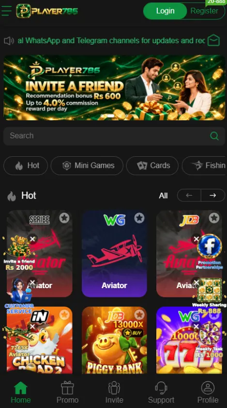 PLAYER786 Game homepage with games, rewards, and wallet features